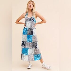 RILEY Vintage Patchwork Midi Dress Small Blue Bandana Retro Boho Festival 90s